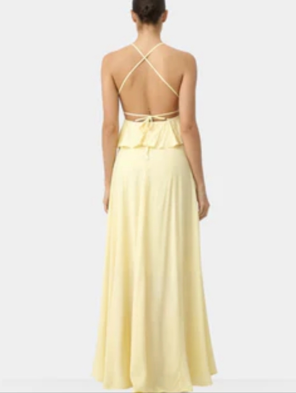 Boamar Soft Yellow Maxi Dress with ruffle layer, criss cross back size S  NWTS - Picture 2 of 10